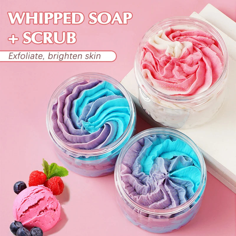 Whipped Soap Bath Cleansing Moisturizing Body Wash Exfoliating Smooth Skin Rainbow Scrub Soften Shave Vegan Handmade Shower Soap